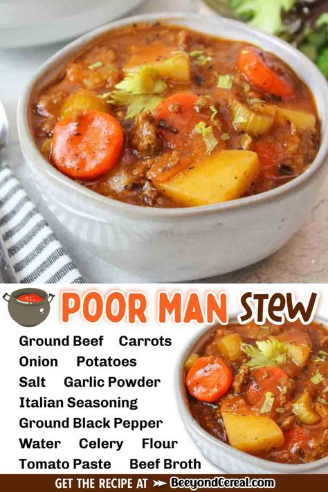 Check out this easy stove top beef stew recipe using ground beef. It's cheap, it's easy, it's the PERFECT hearty and simple soup recipe you need on a cold night. With just a few simple household ingredients, this "poor man's stew" is underway. You'll be surprised how easy this beef stew recipe is to make and once you know how to make it, you'll want to repeat it often (like I do). Poor Man Beef Stew, Poormans Beef Stew, Hunter Stew Recipe, Pour Mans Stew, Poor Man’s Stew Stove Top, Poor Man Stew Slow Cooker, Poor Mans Stew Ground Beef Stove Top, Ground Beef Stew Stove Top, Poor Man's Soup