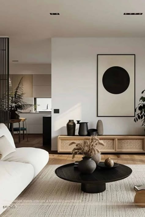 Black Wall Interior Living Room, Scandinavian Black Interior, Black And White Japandi Living Room, Minimalistic Living Room Decor, Japanese And Scandinavian Design, Nordic Modern Living Room, Minimalist Living Room Ideas Minimalism, Danish Modern Interior Design, Neutral Modern Decor