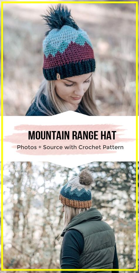 crochet Mountain Range Hat pattern - easy crochet hat pattern for beginners Mountain Knit Hat Pattern, Crochet Hat 2 Colors, Crochet Mountain Hat, Crochet Blanket Yarn Hat, Crochet Beanie For Boys, Crochet Mountain Pattern, Tapestry Crochet Hat, Mountain Knitting Pattern, Crochet For Camping