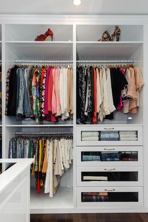 Walk In Closet with Glass Front Dresser Drawers Diy Kast, Organizing Walk In Closet, Organized Closet, Organization Closet, Ikea Closet, Walking Closet, Walk In Closet Design, Clothes Closet Organization, Closet Drawers