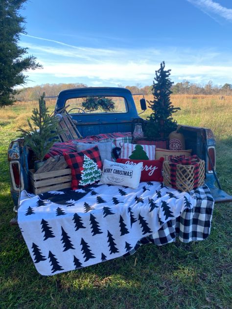 Christmas Picture Set Up, Christmas Truck Pictures, Sled Christmas Pictures, Pickup Truck Christmas Photoshoot, Truck Bed Christmas, Country Christmas Photoshoot, Truck Bed Christmas Photoshoot, Truck Bed Family Photos, Old Truck Christmas Photo Shoot