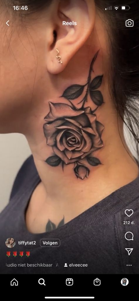 Neck Tats Women Flower, Rose Tattoo Styles, Women Front Neck Tattoo Ideas, Loyalty Neck Tattoos Women, Side Neck Tattoos Women Ideas Flower, Rose Tattoo On Neck For Women, Neck Tats Black Women, Neck Rose Tattoo For Women, Red Rose Neck Tattoo