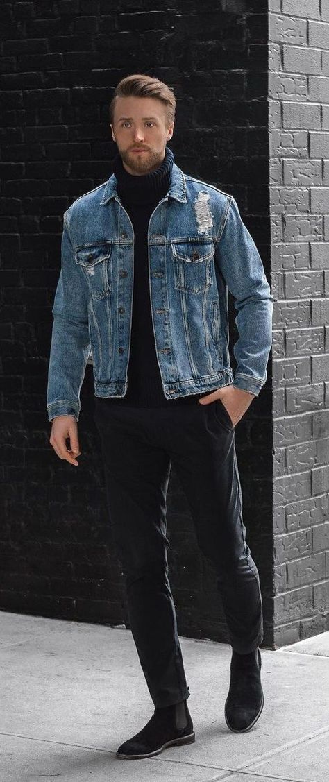 Countless ways to style denim #Denim #MensFashion #StreetStyle #MensStyle #Tiesdotcom Blue Denim Jacket Outfit, Jean Jacket Outfits Men, Denim Jacket Men Outfit, Black Denim Jacket Outfit, Denim Outfit Men, Men's Denim Style, Jean Jacket Outfits, Denim Jacket Fashion, Denim Jacket Outfit