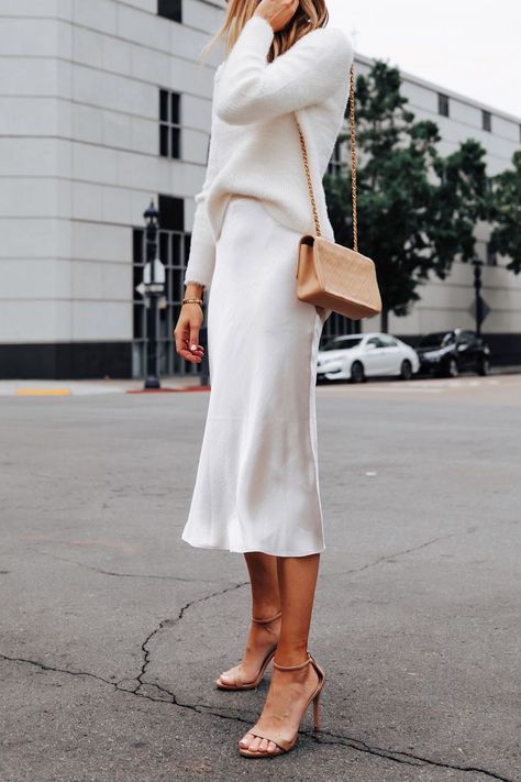 Fashion Jackson Wearing Banana Republic White Fuzzy Sweater White Slip Midi Skirt Winter White Party Outfit 3 Winter White Outfit, Casual Holiday Party, White Party Outfit, Chique Outfit, Holiday Party Fashion, Fashion Jackson, Summer Work Outfits, White Slip, Mode Inspo