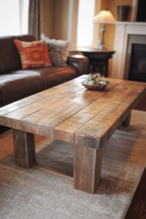 "Elevate your living room with a DIY Reclaimed Wood Coffee Table! 🛠️🌿 Perfect for creating a warm and inviting space. 🌟✨ #RusticFurniture #DIYHome #CoffeeTableInspo" Diy Wood Couch Table, Wood Box Coffee Table, Coffee Table Homemade, Diy Wooden Coffee Table Rustic, Wooden Tables Design, Warm Wood Coffee Table, Making Furniture Look Rustic, Diy Rustic Side Table, Diy Coffee Table And End Tables