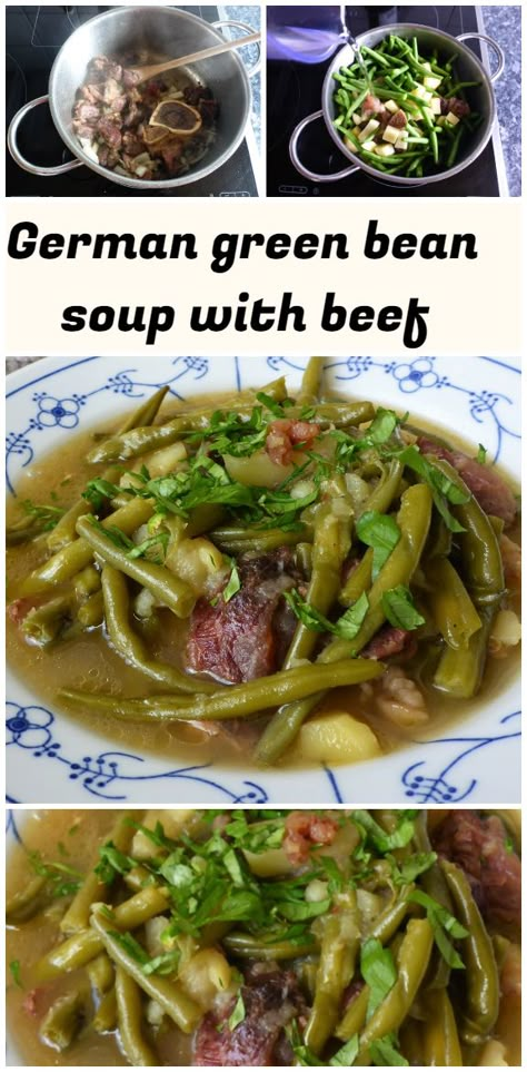 Easy to follow and extremely delicious classic German green bean soup with beef and potatoes recipe made in no time. #glutenfree #comfortfood #paleo #germanrecipes #grünebohnen #stews #suppe #eintopf German Soup, Green Bean Soup, Paleo Beef Stew, Soup With Beef, Green Beans Soup, Bisque Soup Recipes, Bean And Bacon Soup, Beans Soup, Bisque Soup