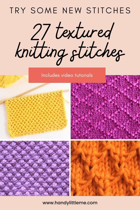 27 Textured Knitting Stitches (Free Stitch Patterns). Textured knitting stitches are simple to work on. Knitters of all skill levels can create a variety of designs using only the knit and purl stitches to make these patterns. Fun Knit Stitches, Decorative Knitting Stitches, Sand Stitch Knitting, Type Of Knitting Stitches, Textured Knitting Patterns Free, Unique Knit Stitches, Motif Knitting Patterns, Easy Textured Knitting Stitches, Fun Knitting Stitches