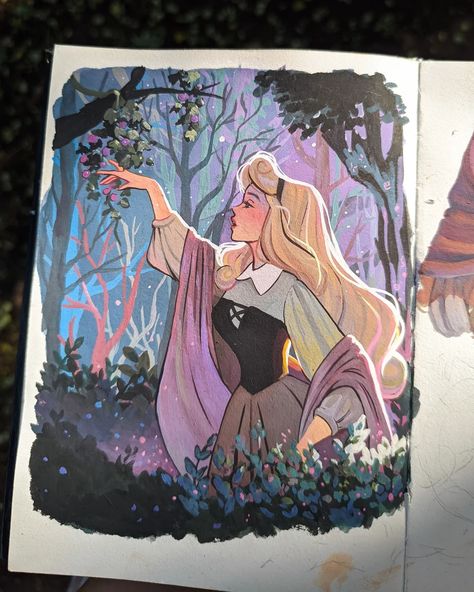 Sleeping beauty Gouache illustration Disney Inspired Drawings, Aurora Sleeping Beauty Drawing, Aurora Sleeping Beauty Fanart, Movie Paintings Ideas, Sleeping Beauty Drawing, Sleeping Beauty Fanart, Sleeping Beauty Dragon, Aurora Sketch, Sleeping Beauty Painting