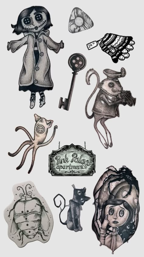 coraline tattoo sheet #coraline #tattoo #tattoos #tattooinspo #coralinemovie Tattoo Perna, Coraline Tattoo, Tim Burton Tattoo, Tattoo Sleeve Filler, Laika Studios, Coraline Art, Tattoo Sheet, Light Tattoo, Sharpie Tattoos