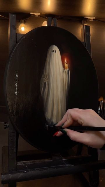 Witch Painting Ideas On Canvas, Spookie Paintings, Oil Painting Ghost, Ghost With Candle, Spooky Sip And Paint Ideas, Ghost Oil Painting, Ghost Portrait Painting, Harry Potter Acrylic Painting Easy, Ghost Painting Aesthetic