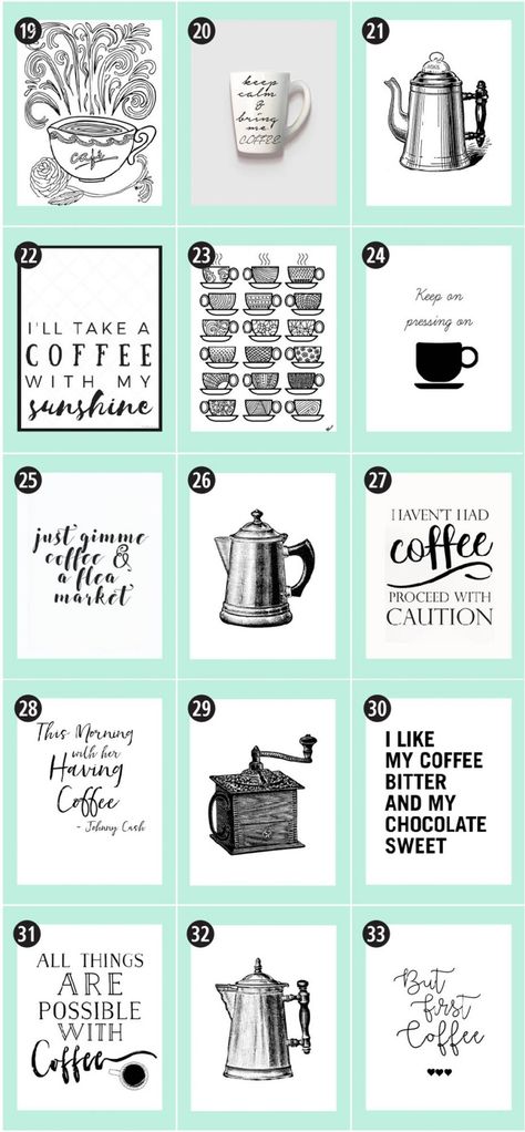 15 Free Gallery Wall Art Roundups to Bookmark • Little Gold Pixel Coffee Free Printable, Kitchen Printables, Coffee Printables, Farmhouse Printables, Coffee Decor Kitchen, Types Of Coffee, Etiquette Vintage, Quotes Coffee, Coffee Ideas