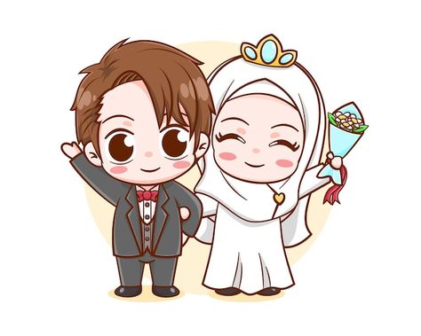 Cute wedding of muslim cartoon character | Premium Vector #Freepik #vector #muslim-bride #wedding-bride #wedding-cartoon #wedding-couple Wedding Cartoon Muslim, Couple Cartoon Characters, Bride Pic, Bride Cartoon, Wedding Cartoon, Muslim Cartoon, Wedding Couple Cartoon, Wedding Drawing, Graduation Art