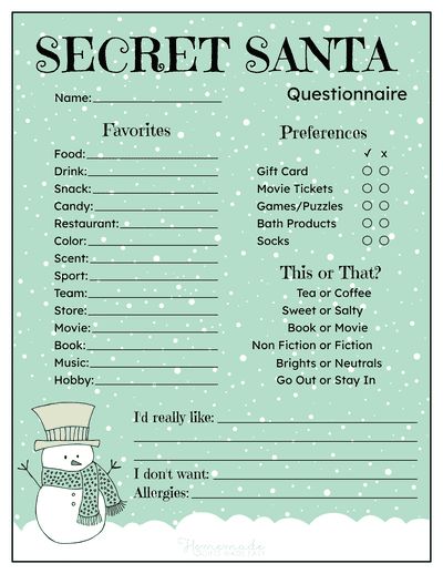 Secret Santa Form Snowman Snowing Secret Santa Week Themes, Secret Santa Theme Ideas, Work Christmas Activities, Free Printable Secret Santa Questionnaire For Coworkers, Secret Santa Questionnaire Free Printable, Secret Santa Party Ideas, Secret Santa List Template, Secret Santa Letter, Secret Santa Themes