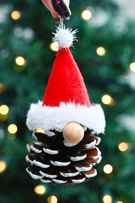 Diy Christmas Ornaments For Mini Trees, Gnomes Out Of Pinecones, Xmas Pine Cone Ideas, Winter Pinecone Crafts For Kids, Christmas Decorations Using Pine Cones, Homemade Christmas Reefs, Easy Fun Diy Crafts For Adults, Pinecone Gnome Ornaments Diy, Pinecone Santa Ornaments