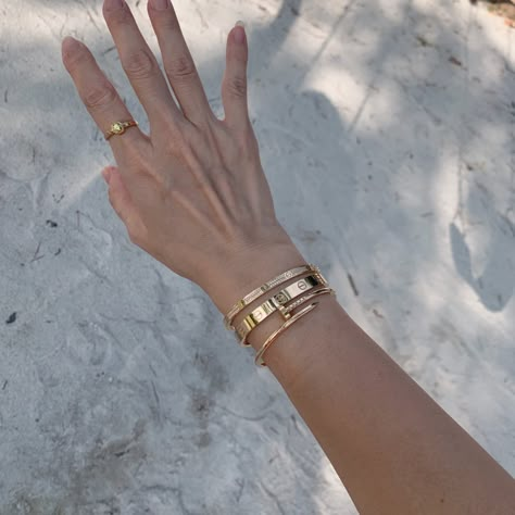 Cartier Love Bracelet Stack Ideas, Ring And Bracelet Stack, Cartier Wrist Stack, Bracelet Layering Ideas Gold, How To Layer Bracelets With A Watch, Stacking Bracelets With Watch, Wrist Jewelry Stack, Gold Bangle Stacking Ideas, Cartier Love Cuff Bracelet