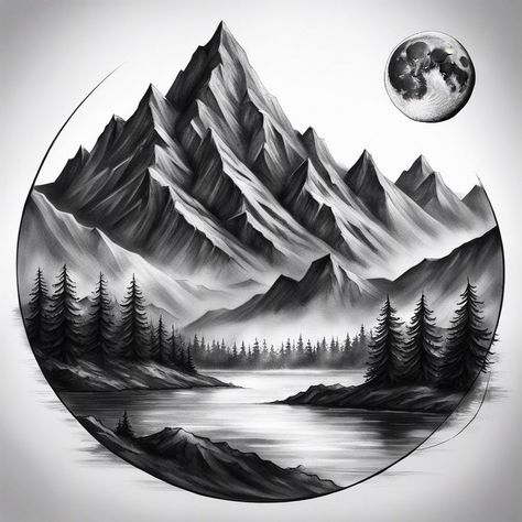 Nature Mountain Tattoo, Mountain Waterfall Drawing, Mountain And River Tattoo, Montagne Tattoo, Tree And Mountain Tattoo, Mountain Scene Tattoo, River Tattoo, Colour Tattoo For Women, Scene Tattoo