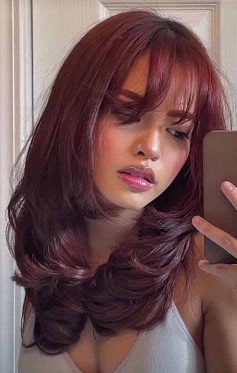 Red Hair With Bangs, Wine Hair Color, Cherry Red Hair, Wine Red Hair, Wine Hair, Red Hair Inspo, Cherry Hair, Dark Red Hair, Ginger Hair Color