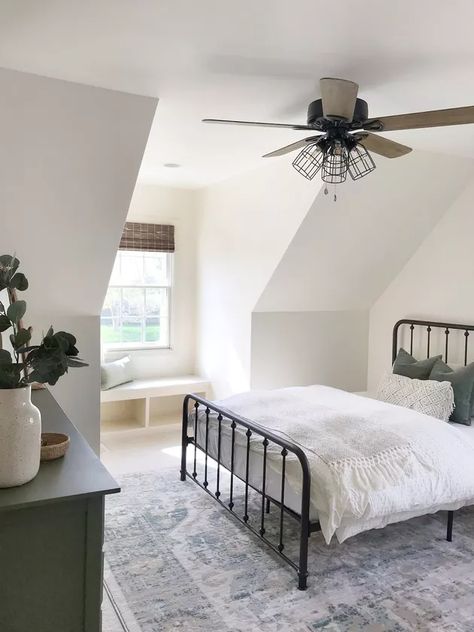 Industrial Farmhouse Bedroom, Farmhouse Guest Bedroom, Slanted Walls, Ideal Bedroom, Cottage Modern, Slanted Ceiling, Modern Farmhouse Bedroom, Behr Paint, Favorite Paint