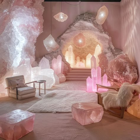 Rose Quartz Bedroom, Ethereal Home Decor, Ethereal House, Crystals Bedroom, Decorating With Crystals, Enchanted Room, Yoga House, Aesthetic Crystals, Crystal Bedroom