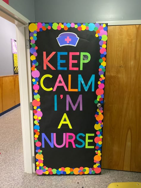 Nurse Station Decor Ideas, Nurse Office Door Ideas, Nurses Room School, Bulletin Board Ideas For School Nurse, Elementary School Clinic Decor, School Nurse Office Themes, Elementary Nurse Office Decor, High School Nurse Office Decorations, Health Office Decor School