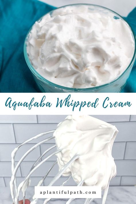 This Aquafaba Whipped Cream is fluffy and sweet, and a great oil free topping for your desserts! It's a fast, gluten-free, soy-free, fat free, and dairy free vegan whipped cream alternative made by whipping the liquid from canned beans. Vegan Cool Whip, Aquafaba Whipped Cream, Dairy Free Whipped Topping, Vegan Valentines, Aquafaba Recipes, Dairy Free Whipped Cream, Oil Free Vegan Recipes, Vegan Whipped Cream, Vegan Party Food