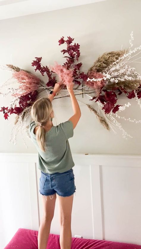 DIY Floral Wall Hanging for Fall - Paisley & Sparrow Floral Wall Arrangements Decor, Pampas Grass Wall Arrangement Diy, Diy Wall Floral Arrangements, Dried Floral Wall Decor, How To Hang Flowers On Wall, Diy Pampas Wall Decor, Hanging Dried Flowers Decor, Floral Wall Art Diy, Diy Floral Wall