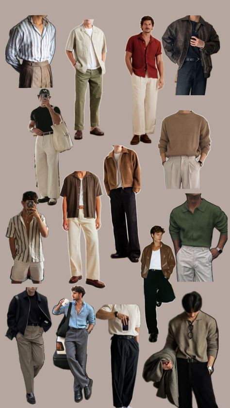 Mens Outfit Inspiration Old Money, Rust Shirt Outfit Men, Retro Commuting Style Men, Old Money Guy Aesthetic Outfits, Aesthetic Old Money Outfits For Men, Saltburn Men Outfits, Neutral Tones Aesthetic Outfits, Mens Thrifting Outfits, Cheap Outfit Ideas Men