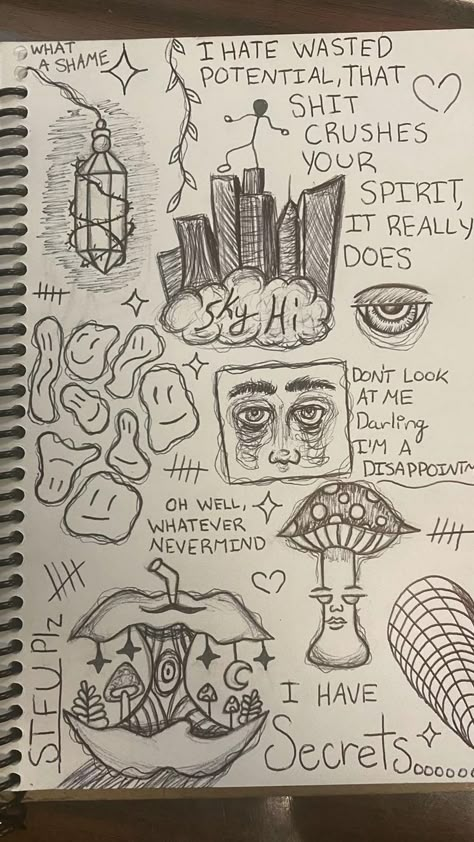 Sketch Page 1 by Dominique Warren | Drawings, Indie drawings, Sketchbook art journal Drawings With Meaning, Easy Graffiti Drawings, Sketch Page, Notebook Drawing, Arte Grunge, Sketch Book Ideas, Doodle Art Journals, Indie Drawings, Meaningful Drawings