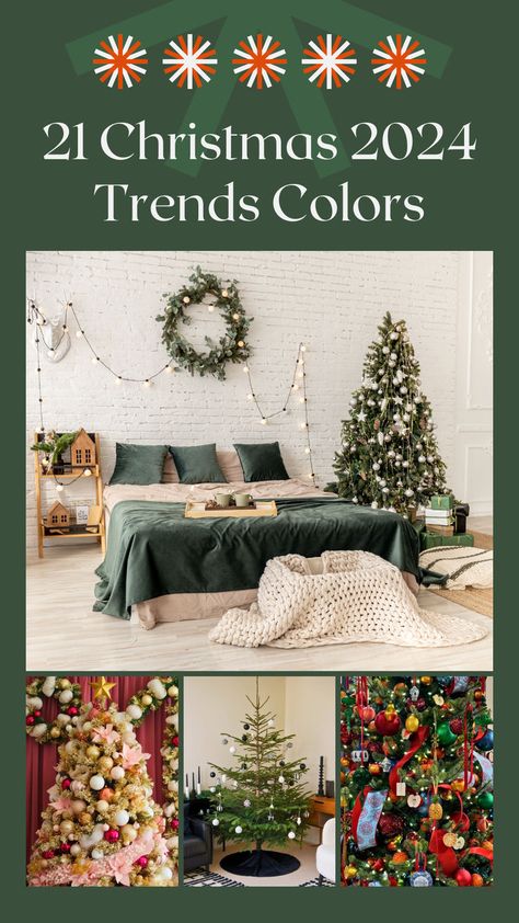 Images showcase festive trees in various themes, including colorful ornaments and minimalistic designs. Text emphasizes 2024 color trends for holiday decor. Gift Wrapping Hacks, 2024 Color Trends, Wrapping Hacks, Color Trends 2024, Cozy Recipes, Trending Christmas, Diy Crafts Gift, Magical Decor, Outdoor Christmas Decoration Ideas