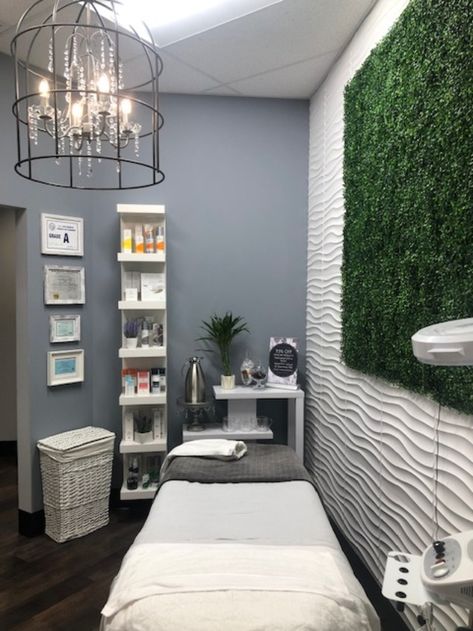 textured wall, blue/grey color Mini Esthetician Room, Small Facial Room Decor Ideas, Small Facial Room Ideas Estheticians, Small Esthetician Room Decor, Blue Esthetician Room, Grey Lash Room, Small Massage Room, Small Spa Room Ideas, Small Esthetician Room