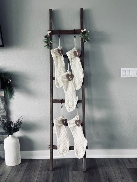 Stocking Holders Standing Diy Ladder, Blanket Ladder Decor Christmas, Hanging Stockings On Ladder, Stockings Hung On Ladder, Hang Stockings On Blanket Ladder, Indoor Ladder Christmas Decor, Stocking On Blanket Ladder, How To Decorate A Blanket Ladder For Christmas, Blanket Ladder Stocking Holder Diy