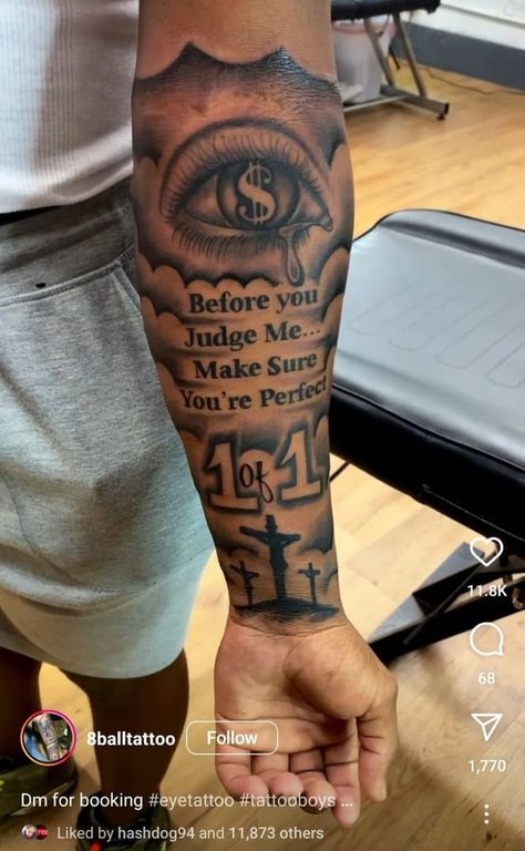 Picture Tattoos Men, Male Quote Tattoos, Good Forearm Tattoos, Nice Tattoo For Men Arm, Hear No Evil See No Evil Tattoo Boondocks, Shoulder Name Tattoo Men, Male Forearm Tattoo Ideas Half Sleeves, Inside The Arm Tattoo For Men, Tattoo Ideas For Men Meaningful Leg