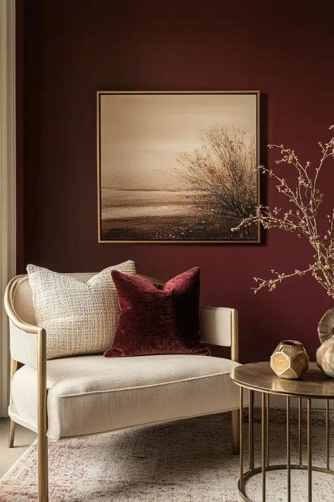 Top 7 Accent Wall Colors for a Cozy Fall Living Room - Blog by Cavelights Pink And Maroon Living Room, Cranberry Living Room Ideas, Dark Burgundy Living Room, Maroon Accent Wall Living Room, Rust Accent Wall Living Room, Burgundy Furniture Living Room, Brown Accent Wall Dining Room, Living Room Trim Colors, Burgundy And Cream Living Room