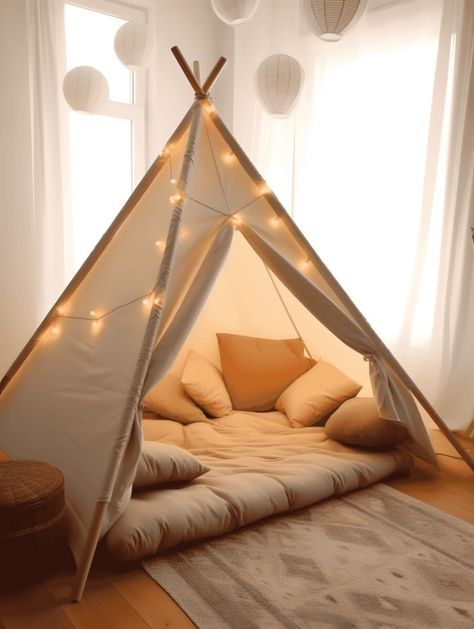 Princess Palace Retreat: Craft a regal tent room with a canopy bed, crystal chandeliers, and a vanity fit for a princess. Blanket Tent For Kids, Playroom Teepee Ideas, Teepee Bed Decor, Playroom Tent Ideas, Room Tent Ideas, Tent In Room, Tent In Bedroom, Tent Beds For Kids, Kids Play Tent Diy