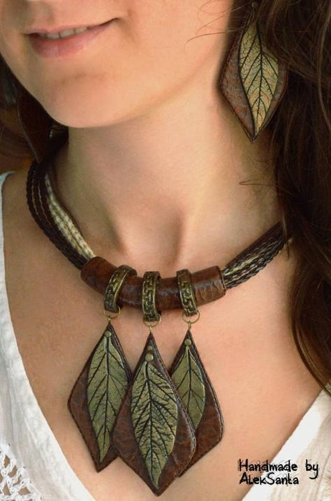 Boho Bridal Jewelry, Boho Wedding Jewelry, Autumn Jewelry, Clay Things, Earthy Jewelry, Leaves Autumn, Brown Jewelry, Bridal Fashion Jewelry, Polymer Clay Necklace