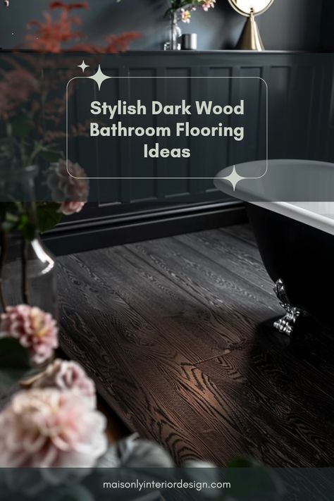 Explore stylish dark wood bathroom flooring ideas showcasing elegance and warmth in modern designs. This image features various designs to inspire your next renovation project. Small Bathroom Dark Wood Floor, Wood Floors In Bathroom Master Bath, Dark Brown Bathroom Floor, Bathroom Dark Floor Light Walls, Dark Wood Bathroom Floor, Dark Wood Floor Bathroom, Cherry Vanity Bathroom, Wood Bathroom Flooring, Bathrooms With Dark Floors