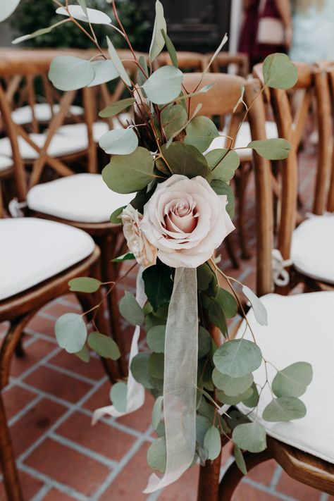 Wedding Decor Ceremony, Ceremony Aisle Decor, Fake Eucalyptus, Roses And Eucalyptus, Wedding Isles, Greenery Wedding Decor, Ceremony Aisle, Floral Chair, Chair Ties