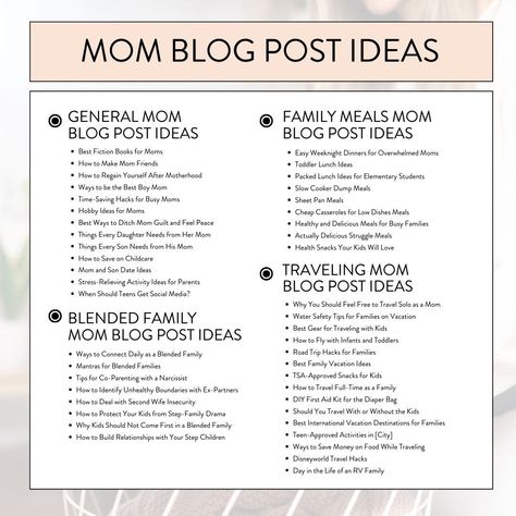 Unleash your creativity with our extensive list of 100+ mom blog post ideas. From heartfelt personal stories to practical parenting advice, this compilation will ensure you never run out of inspiration. Embrace your unique motherhood journey, connect with your readers, and make a positive impact in the lives of fellow moms. Let's celebrate the beauty of motherhood together! #InspiringMotherhood #CreativeBlogging Mom Blog Post Ideas, Mom Blog Topics, Blog Topic Ideas, Working Mom Routine, Single Mom Tips, Mom Routine, Beauty Of Motherhood, Social Media Content Planner, Podcast Topics