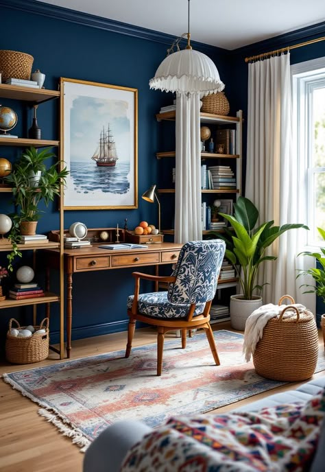 Coastal Boho Coastal Navy Living Room, Maine Coastal Homes Interior Design, Nantucket Coastal Style, Nortical Decor, Boho Costal House, Nautical Boho Decor, Boho Beach Home Decor, Masculine Coastal Decor, Mid Century Coastal Style