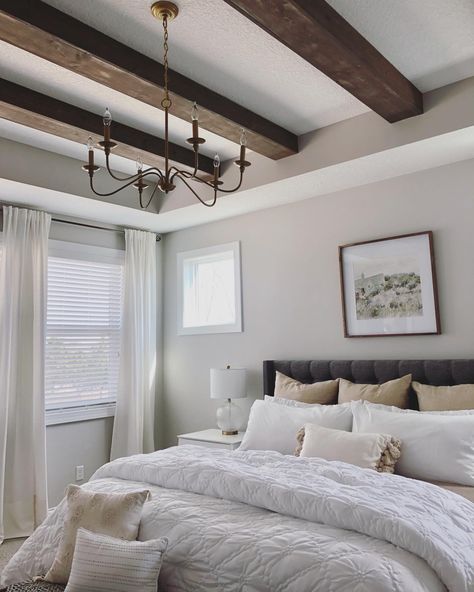 Trayed Ceiling With Beams, Exposed Beams Bedroom Master Suite, Dark Beams Bedroom, Tray Ceiling With Beams Master Bedrooms, Bedroom Ceiling Beam Ideas, Faux Beams Bedroom Ceiling, Beams In Bedroom Ceiling, Adding Wood Beams To Ceiling Master Bedrooms, Wood Beams Bedroom Ceilings