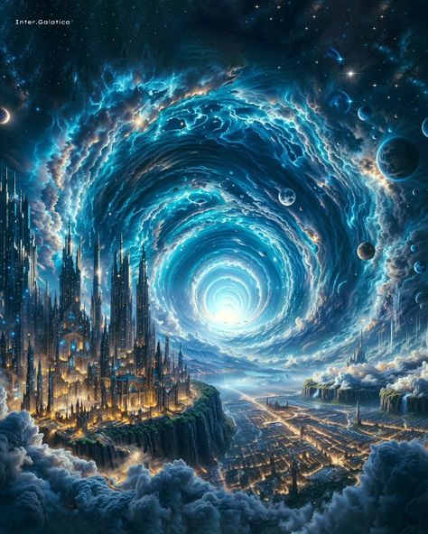 🌌 Portalis: The Multiverse Citadel 🌠 In the celestial city of Portalis, a grand vortex portal pulses with the energies of infinite realities. The city's inhabitants, the Regulators, live in harmony with the portal's power, using advanced technology to facilitate instant travel to alternate dimensions. Portalis is a hub of knowledge and control, where the Regulators work tirelessly to balance the cosmic energetic flow, preventing chaos and maintaining the equilibrium of the multiverse. Their ... Anime Alien, Superhero Art Projects, Scifi Artwork, Portal Art, Sci Fi Landscape, Super Powers Art, Floor Wallpaper, Magic Design, Cyberpunk City