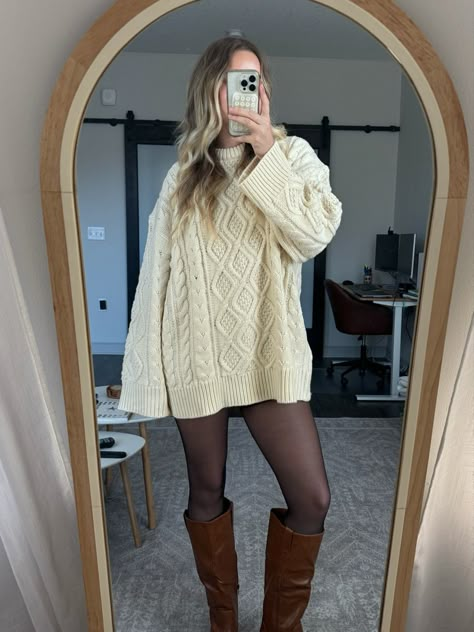 mirror picture wearing sweater dress and brown boots for fall outfit inspiration Sweater Dress And Tights Outfit, Sweaterdress Styling Winter, Baggy Sweater Dress Outfit, Sweater Dress Outfit With Tights, Sweater Dress Aesthetic, Knit Sweater Dress Outfit, Outfit With Tights, Sweater Dress Leggings, Professional Fits