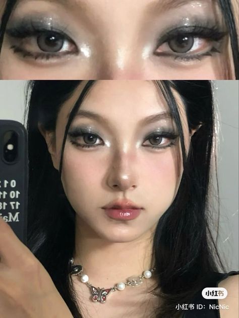 Black Eyeshadow Makeup, Dark Makeup Looks, Black Eye Makeup, Concert Makeup, Grey Makeup, Asian Makeup Looks, Dark Eye Makeup, Silver Makeup, Ulzzang Makeup