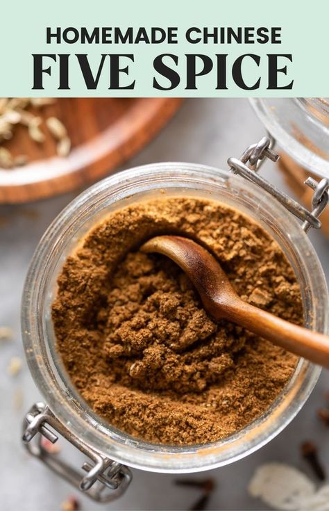 homemade Chinese five spice powder in a small storage jar with a wooden spoon Seven Spices Recipe, Gluten Free Asian Food, Seven Spice, Paleo Low Fodmap, Gluten Free Asian, Spices Blends, Gluten Free Chinese, Pumpkin Pie Spice Recipe, Chinese Five Spice