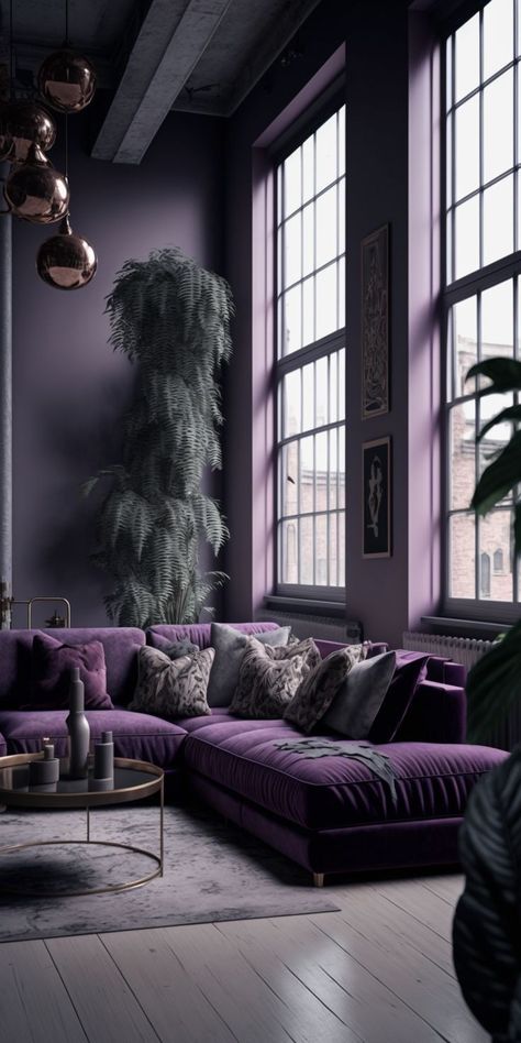 Goth Living Room Modern, Minimalist Interior Design Living Room, Jewel Tone Living Room, Goth Living Room, Living Room Makeovers, Purple Living Room Ideas, Industrial Living Room, Purple Living Room, Purple Bedrooms