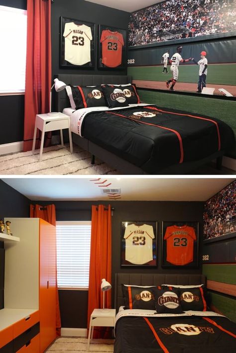 Sports Theme | Sf Giant | Cool Bedroom Ideas For Boys Boys Baseball Bedroom, Baseball Themed Bedroom, Sports Themed Bedroom, Boy Sports Bedroom, Baseball Bedroom, Sports Bedroom, Sport Bedroom, Boys Bedroom Makeover, Baseball Room