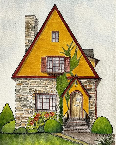 MissLesleysArt - Etsy Australia Town Illustration, House Drawings, Whimsy Flowers, Geometric Origami, Sims Houses, Watercolor Ideas, Stone Cottage, Watercolor Portrait, House Drawing