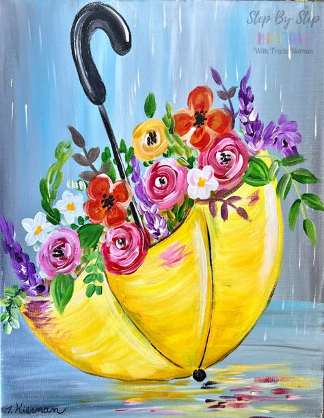 Let's paint a "Rainy Day Bouquet"! I love the color combination in this painting! The gray-blue background works so nicely with the bright colorful bouquet and brilliant yellow umbrella.  I will be demonstrating this on American Flag Painting, Paint Night Ideas, Fall Canvas Painting, Paint Party Ideas, Flag Painting, Holiday Painting, Spring Painting, Halloween Painting, Paint Night