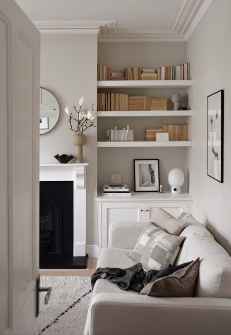 Front Rooms With Fireplace, Shelves In Living Room Alcove, British Style Interior Living Room, Alcove Styling Living Room, Contemporary Alcove Shelving, Victorian Living Room Sofas, Neutral Living Room Fireplace, Neutral Living Room Shelves, Beige Living Room Fireplace