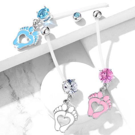 Double Jeweled Prong Set Round CZ with Heart Baby Feet Dangle Pregnancy Belly Rings Bioflex with 316L Surgical Steel Balls (NPG-1018)  - Wholesale only ✈️Ships worldwide 📧 info@hbjus.com 📞1-866-425-2665 - #piercings #bellyrings #bodyjewelry #jewelry #fashion Maria Tash Earrings, Opal Belly Ring, Pregnancy Belly Rings, Pregnancy Belly, Gold Belly Ring, Cartilage Jewelry, Belly Bar, Navel Jewelry, Silver Nose Ring